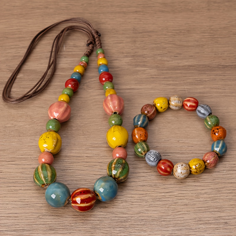 TEMU 2pcs Set Of Dopamine-colored Ceramic Necklace And Bracelet, Hand- Bead Jewelry, Women's Accessories, Necklace Set For Daily Wear