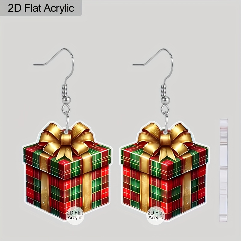 TEMU 2D Flat - Un par de pendientes colgantes acrílicos rojos y verdes diseñados como cajas de regalo navideñas, perfectos para que las mujeres los