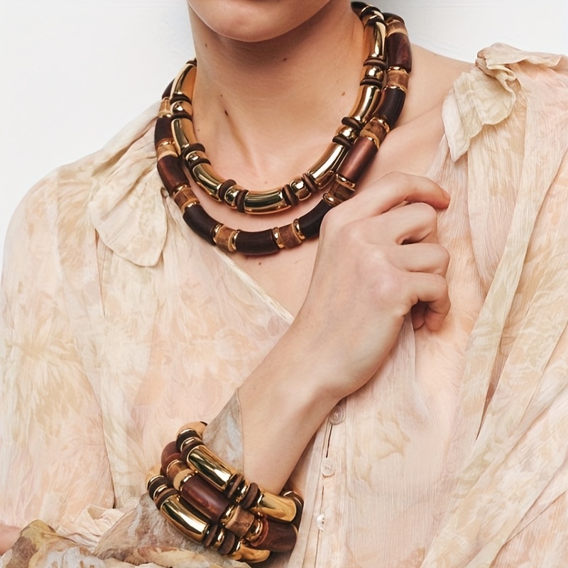 Vintage Boho Wooden Bangle & Necklace Set - Light Brown Tone