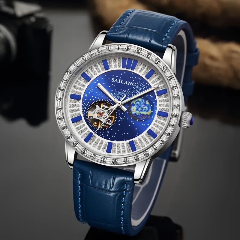Image of Sailang Men' Mechanical Watch, Starry Sky Blue Dial, Skeleton Tourbillon, Van Gogh Starry Night Element, Faux Leather Strap, Artistic Business Wristwatch, Without Battery