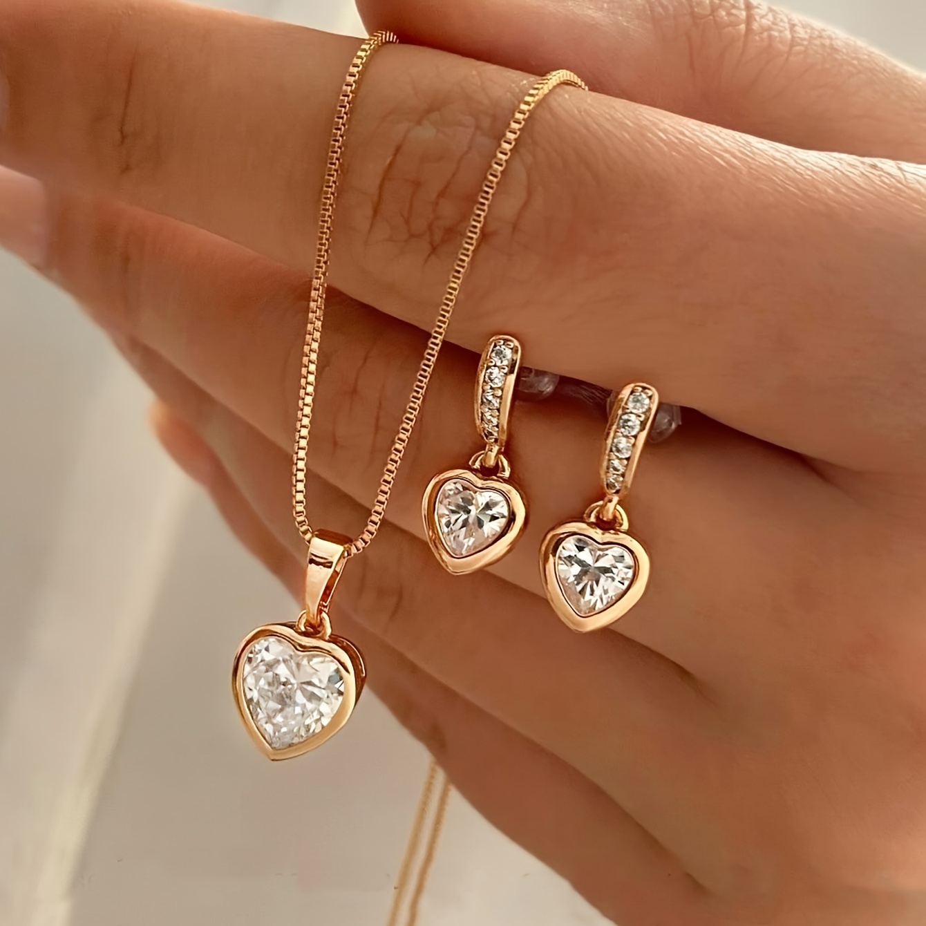TEMU 3pcs/set Sweet Elegant Fashion Heart Pendant Stud Earrings Necklace 2-in-1 Jewelry Set Women' Matching Date Vacation Party Outfit Gift Best