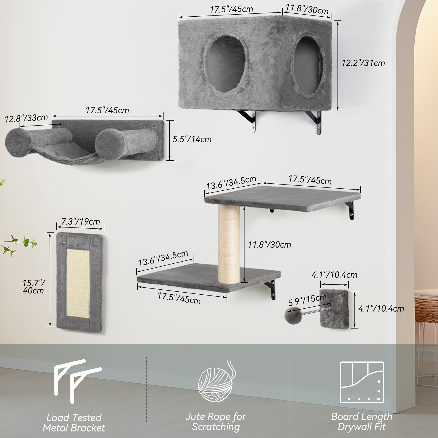 s PawHut Cat Wall Shelves, 3pc Cat Wall Furniture W/ Scratching