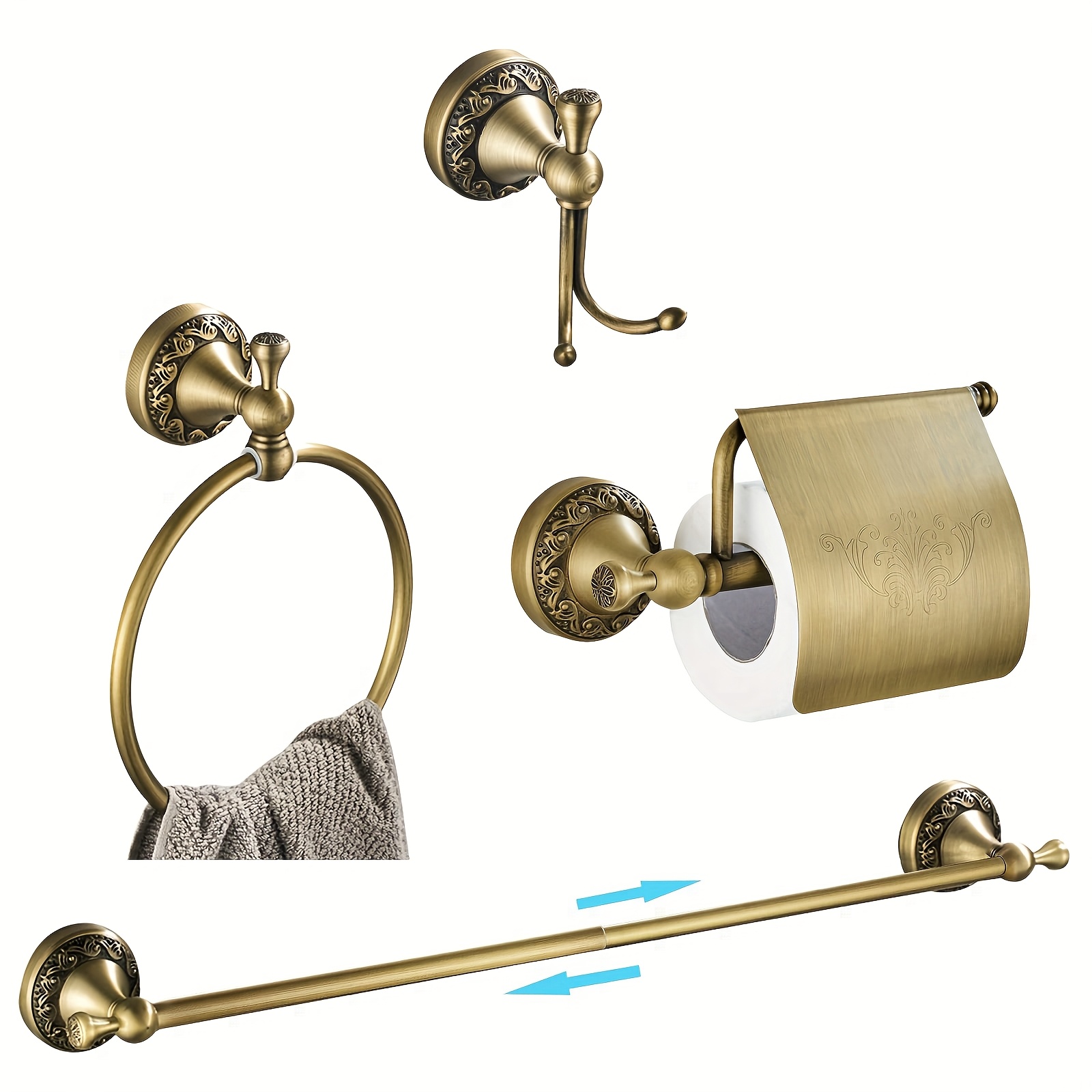 Vintage 4-Piece Brass Bathroom Hardware Set - Adjustable Towel Bar & Kit