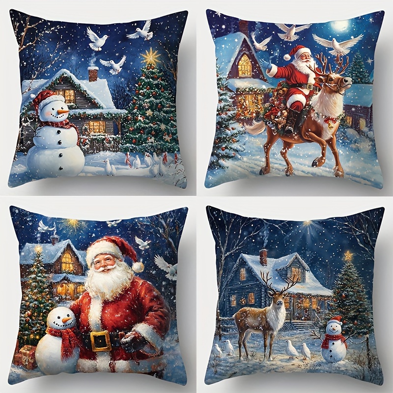 

4pcs Christmas Pillowcase Set - Santa Claus, , Reindeer & Snowman Designs | 17.7" Square Zippered Covers (inserts Not Included) | Living Room & Bedroom Decor