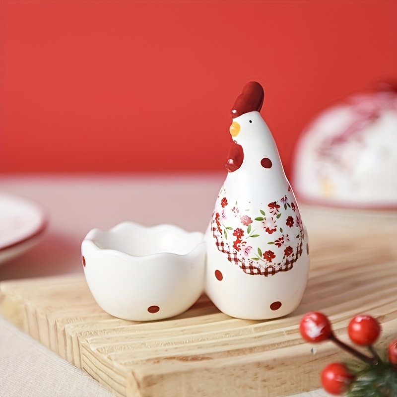 Rustic Ceramic Chicken Egg Cup, Festive Red , Creative Tableware For Christmas & Easter, Decorative Egg Holder