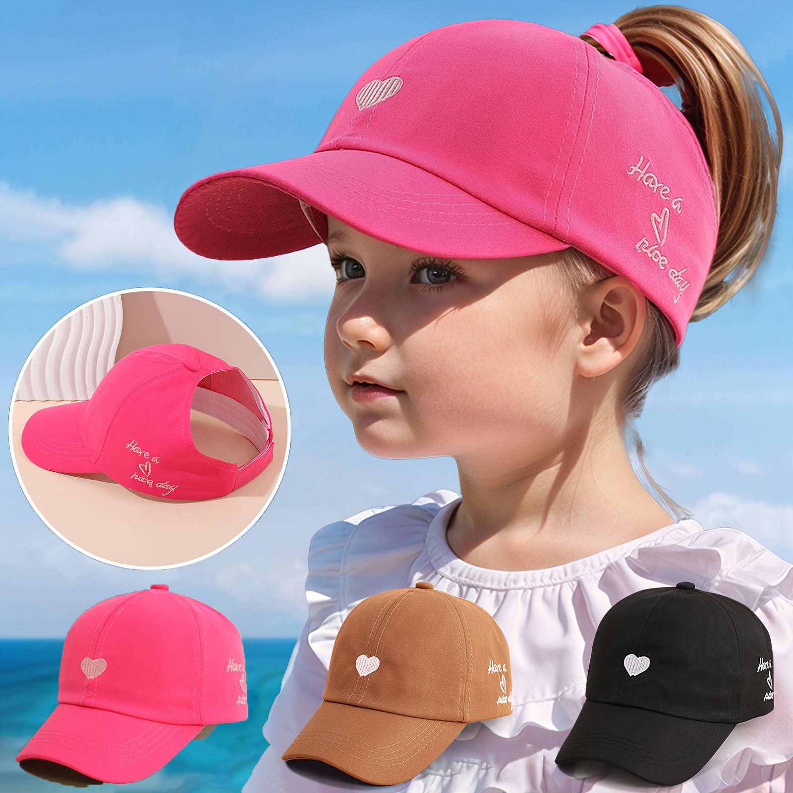 Youngsters' Breathable Baseball Cap with Heart & Letter Design - Adjustable Snapback, Machine Washable, 4-8 Years, Casual Summer Hat for Boys & Girls, Hat for Girls, Outdoor Play Accessory, Playful Youngsters' Style, Durable Youngsters'S Wear