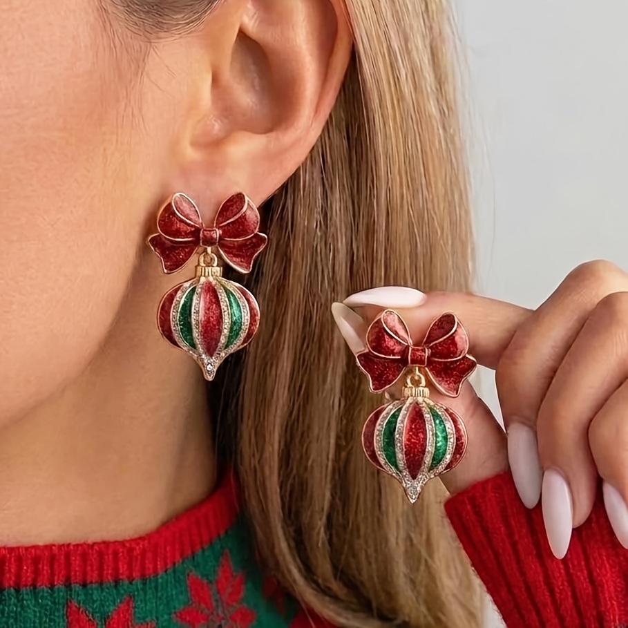 TEMU 1 Paar Weihnachtsmode Elegante Exquisite Glitzer Schleife Cheer Celebration Ball Ohrringe, Ideales Weihnachtsgeschenk
