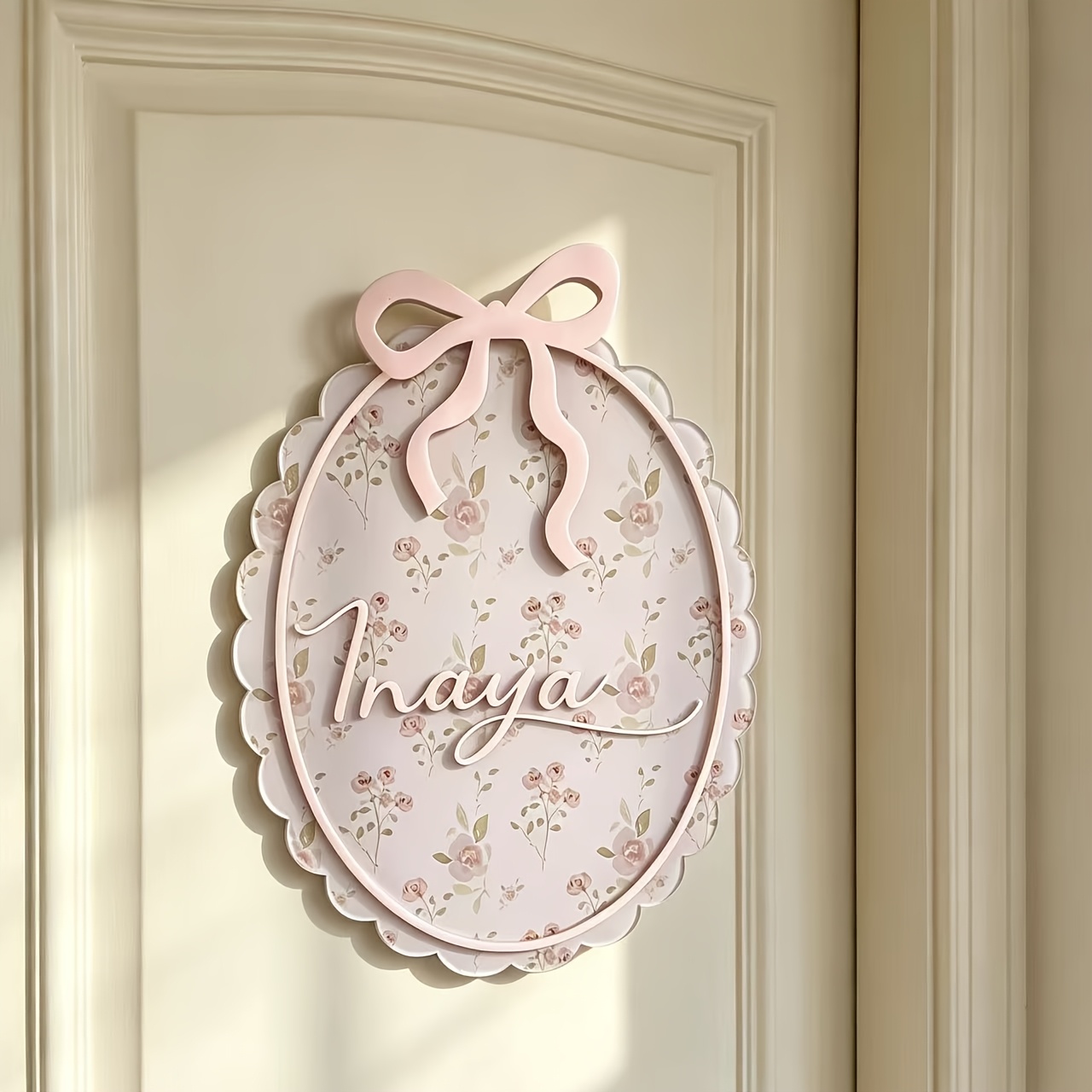 TEMU Plaque de nom plate 2D personnalisée bohème avec nœud et rose - Panneau mural à suspendre avec nom/texte personnalisé en acrylique transparent,