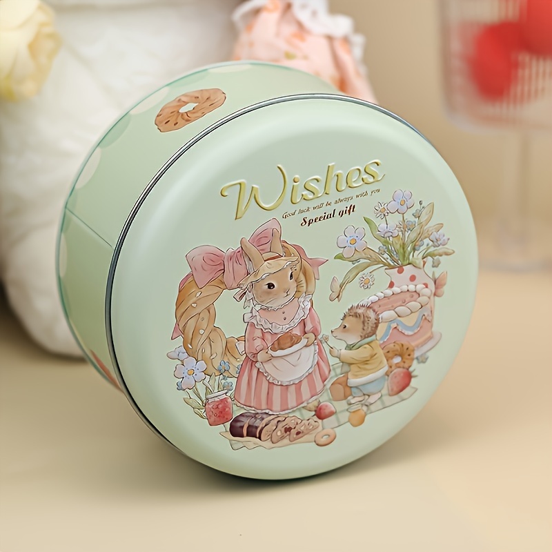 1pc Elegant Rabbit-Themed Metal Storage Tin, Multi-Purpose Round Iron Box for Candy, Cookies, Tea, And Keepsakes, Storage Bins for Home Organization