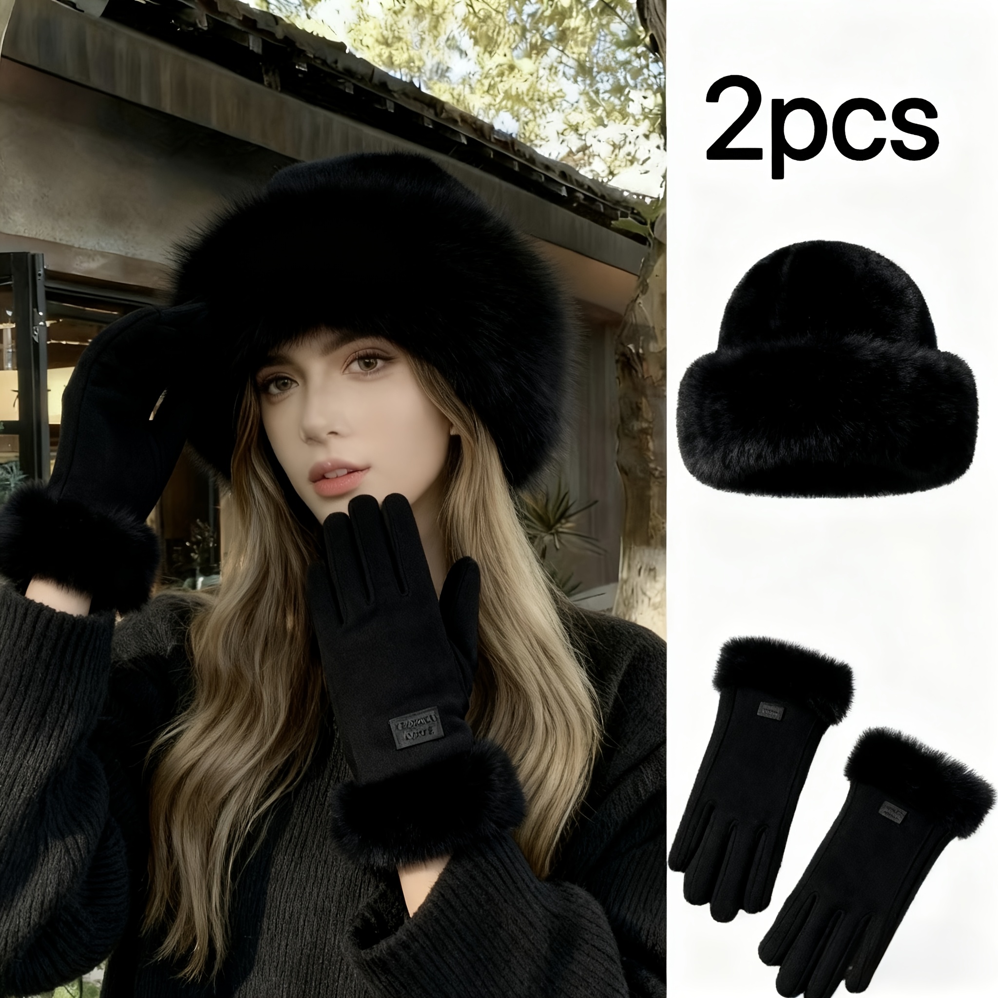 TEMU conjunto de guantes y gorro cálidos de invierno para mujer, 2 piezas, forro polar con bordes festoneados, moderno, casual, , a prueba de viento,