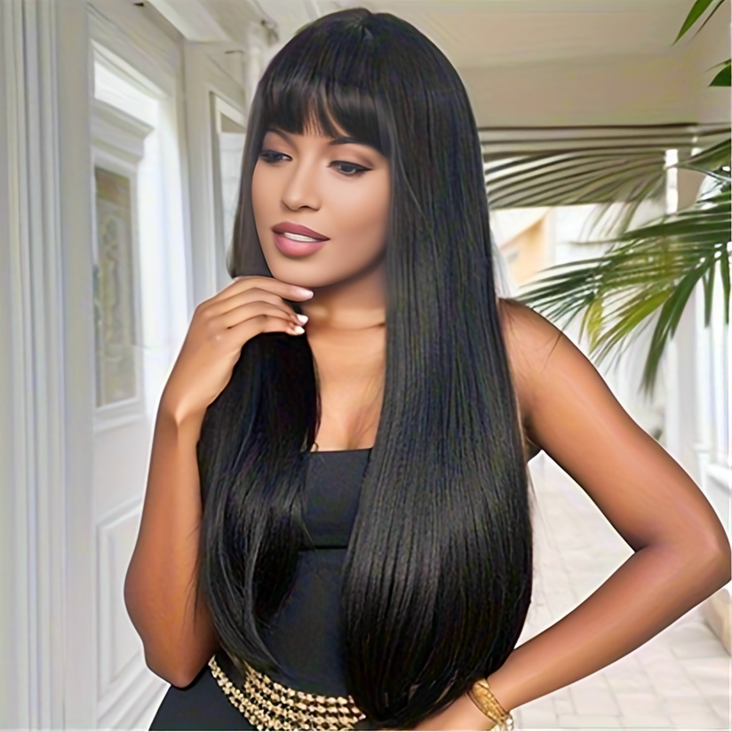 A Woman with Long Straight Black Hair And Bangs, This Natural-Looking Wig  Is Everyday Wear And Festive
