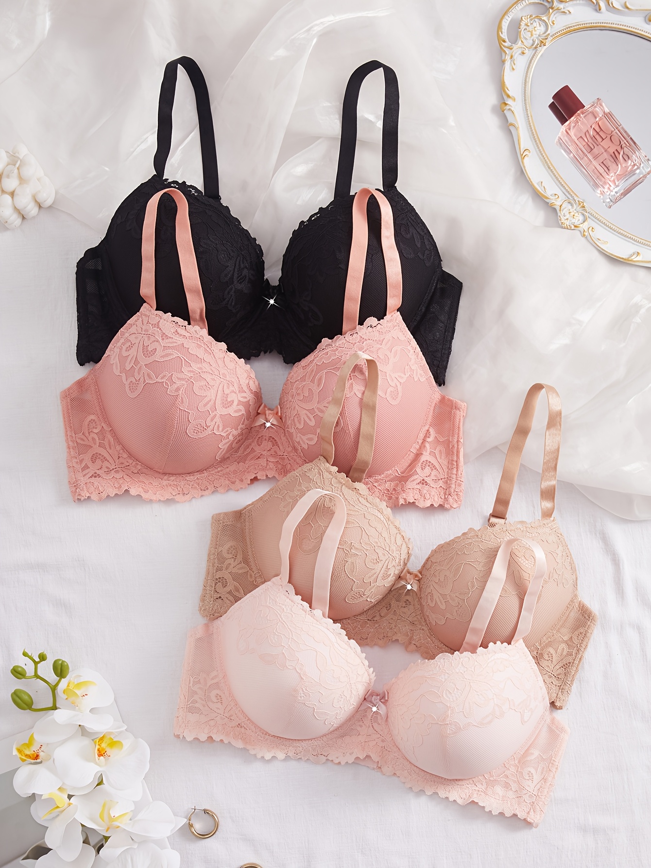 4pcs set womens plus size bra floral lace comfortable underwire push   cup     adjustable straps multi  