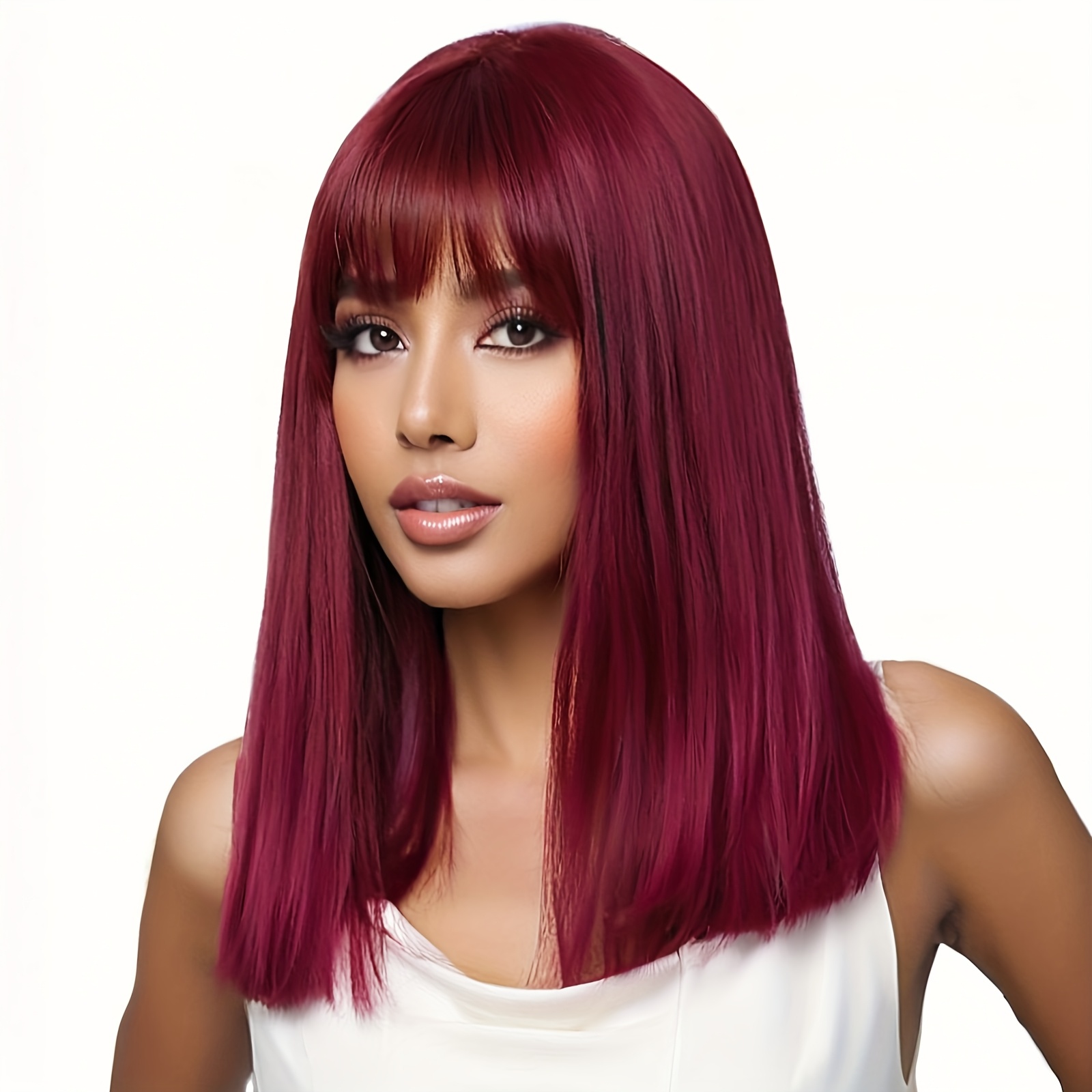 Image of Burgundy Straight Short Bob With Bangs Full Machine-made Wig, Suitable For Daily Wear