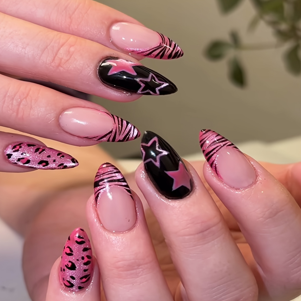 TEMU 24pcs Of Almond-shaped Pink Zebra Print Eye Fake Nails With Contrasting Leopard Print And Star Embellishments. Press-on Nails Are Perfect For A