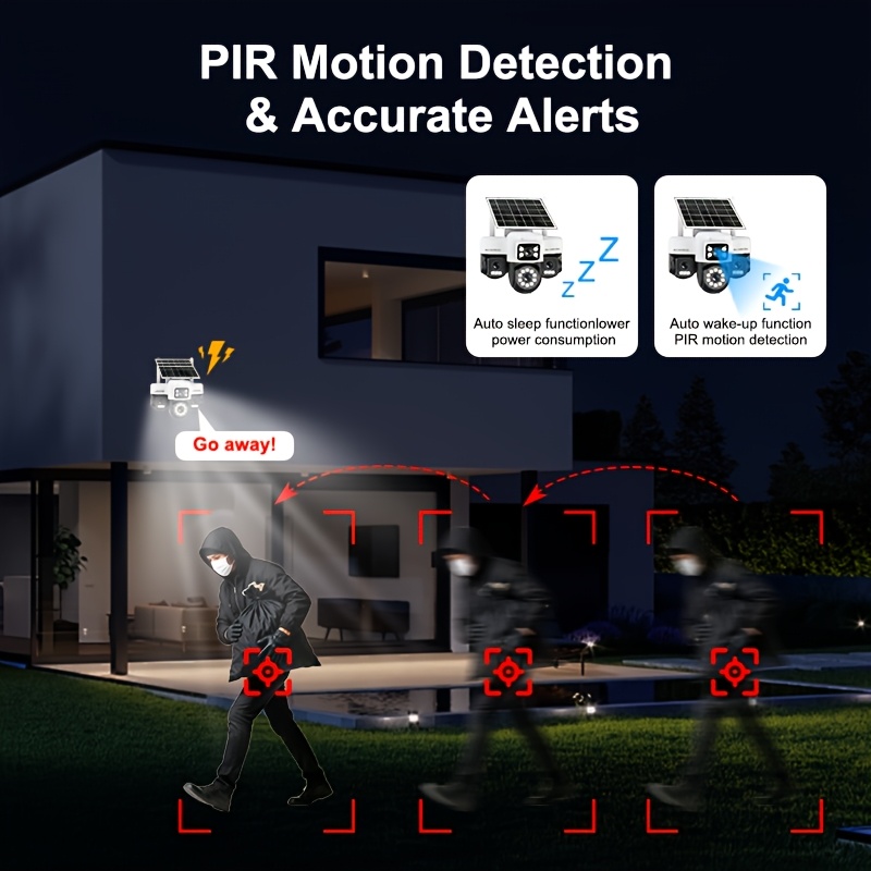 Cámara de seguridad exterior solar 4G AOV con 4 lentes y 4 pantallas 1296P, compatible con grabación 7*24H, con cuatro lentes y vista cuádruple, videovigilancia CCTV, rotación PTZ 360° panorámica/inclinable, seguimiento de movimiento, detección humana PIR, audio bidireccional, visión nocturna a todo