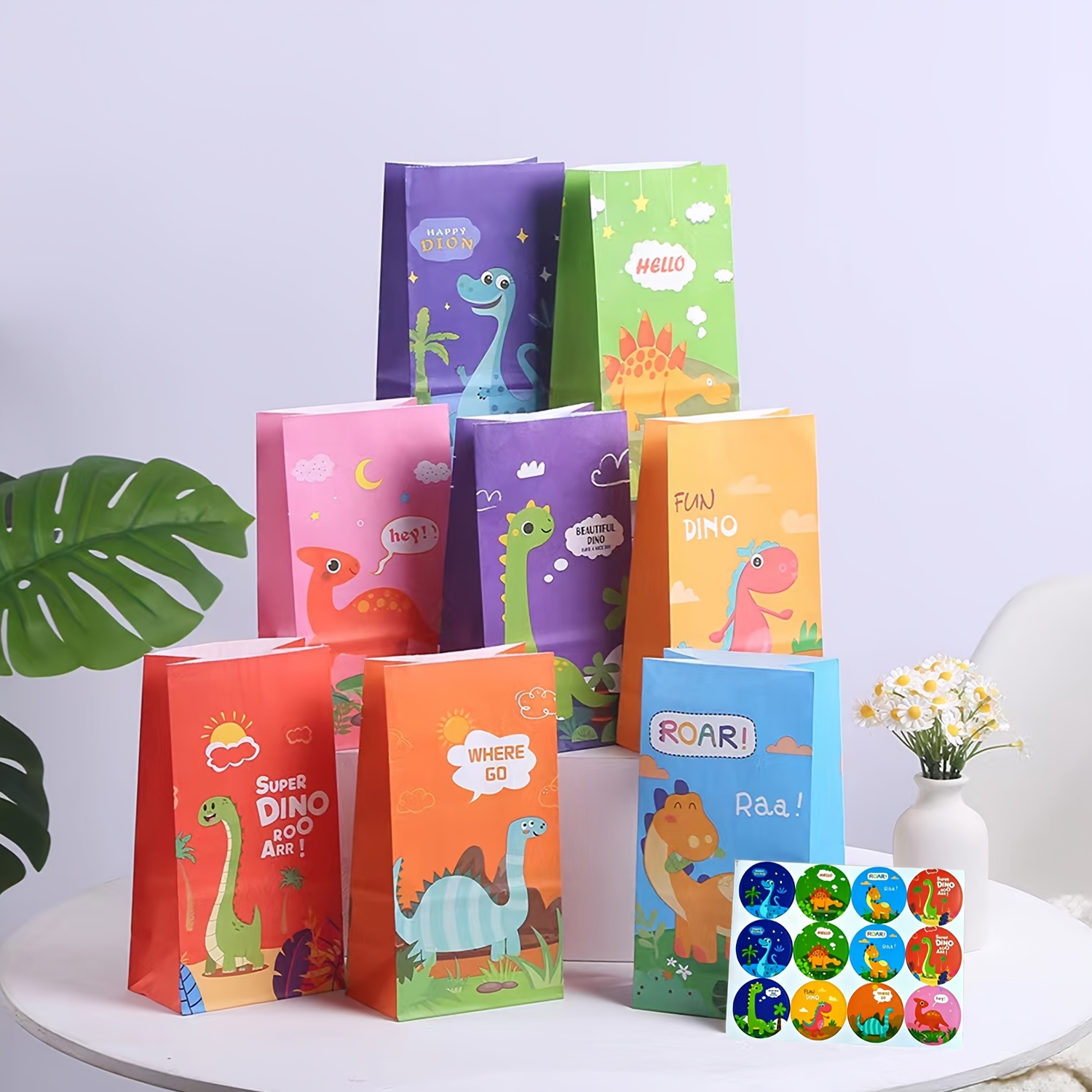 24pcs Cartoon Dinosaur Shopping Bags - Includes 12 Shopping Bags And 12 Stickers, Suitable For Cartoon And Dinosaur Themes