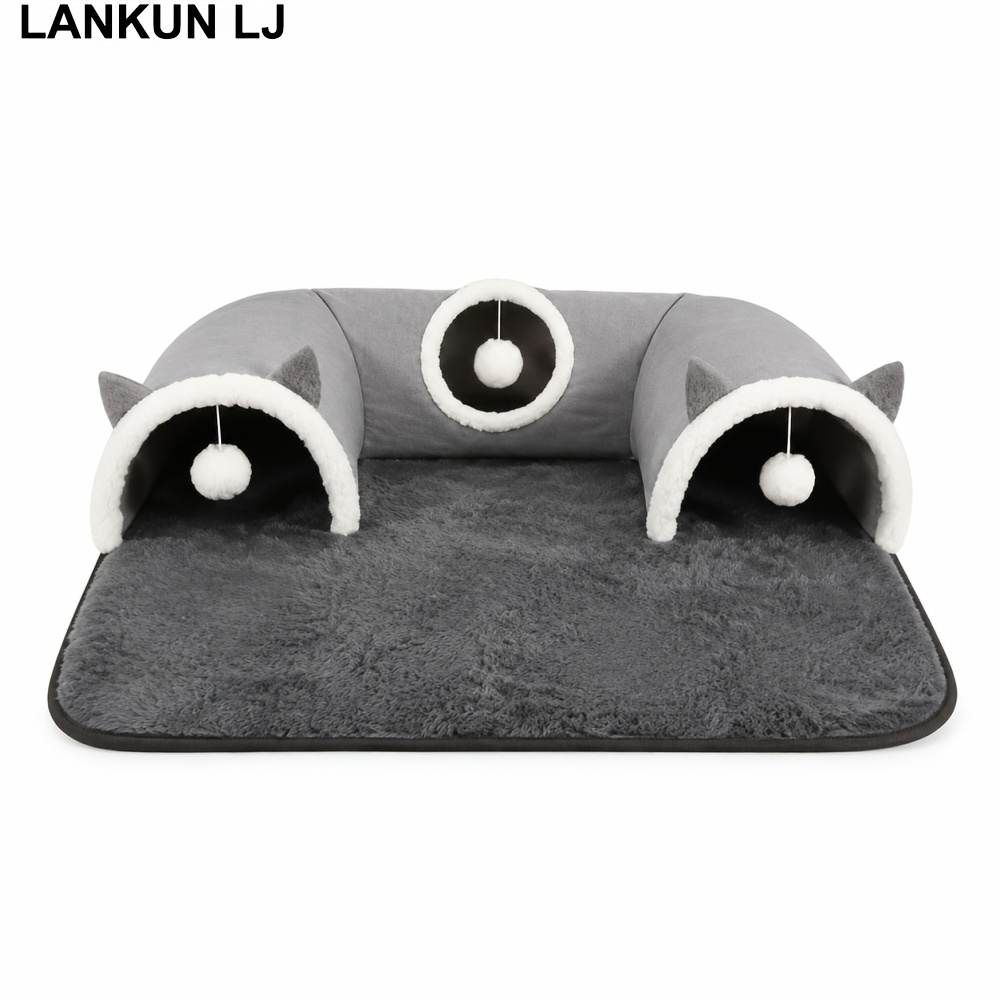 TEMU Cat Tunnel, Bed And Playground For Cats 3-in-1, Universal, Pet Hideaway, Comfortable Warm And Non-slip Plush Gray Pet Sleeping Pad, Suitable For