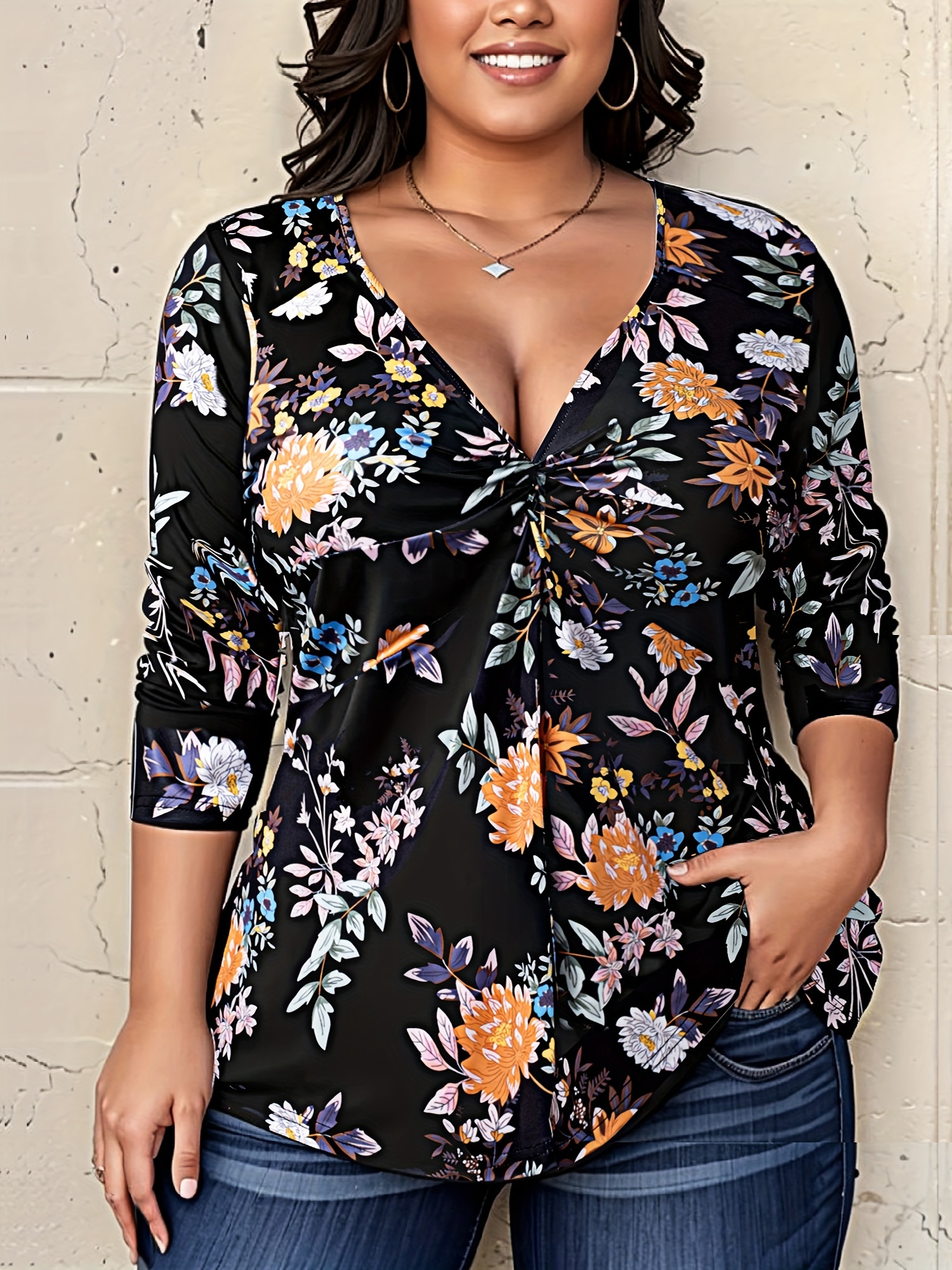 Plus Size Floral Print Top, Casual Long Sleeve V Neck Top, Women s Plus Size Clothing 0