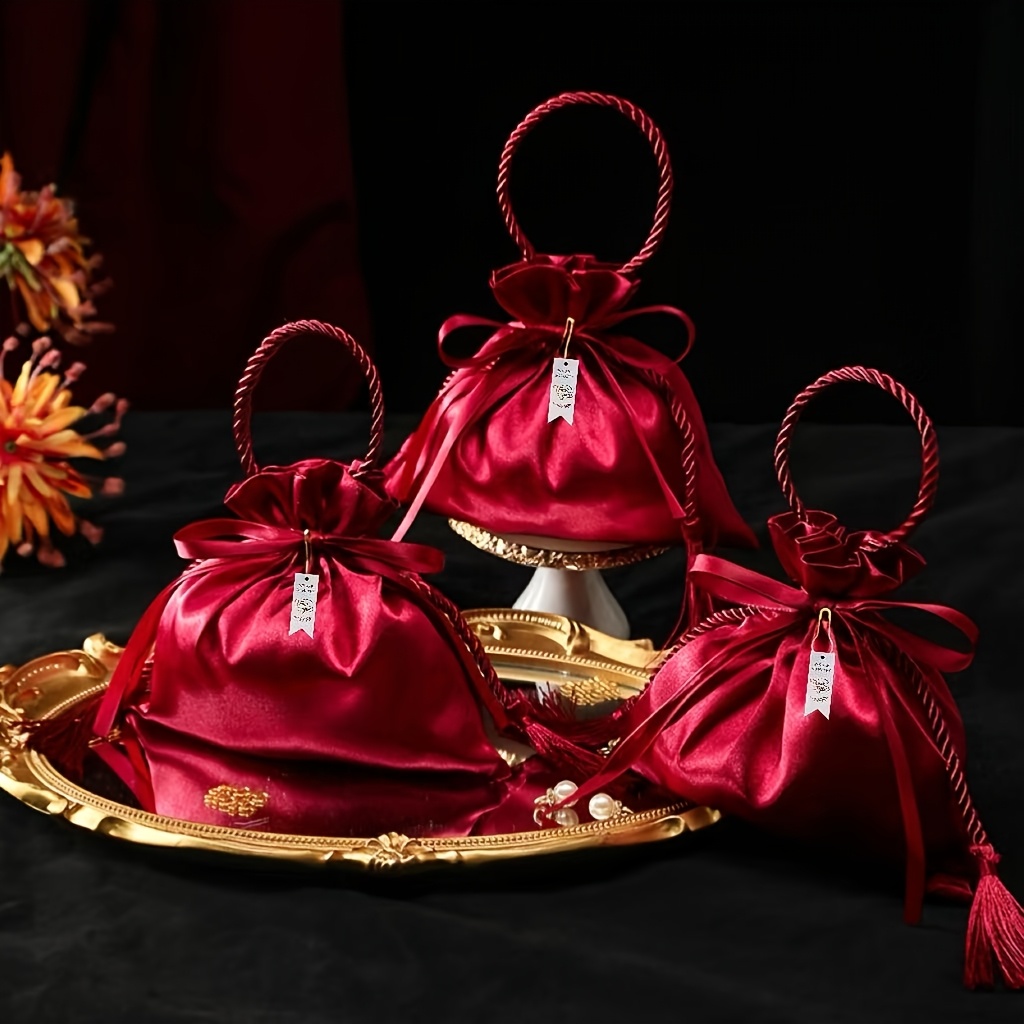 

Set Of 10 Red Drawstring Bags For Candies, Featuring Pearls And Tassels, Suitable For Weddings, Birthdays, Holidays, Parties, Banquets, Souvenirs, And Like Christmas, Thanksgiving, And New Year.