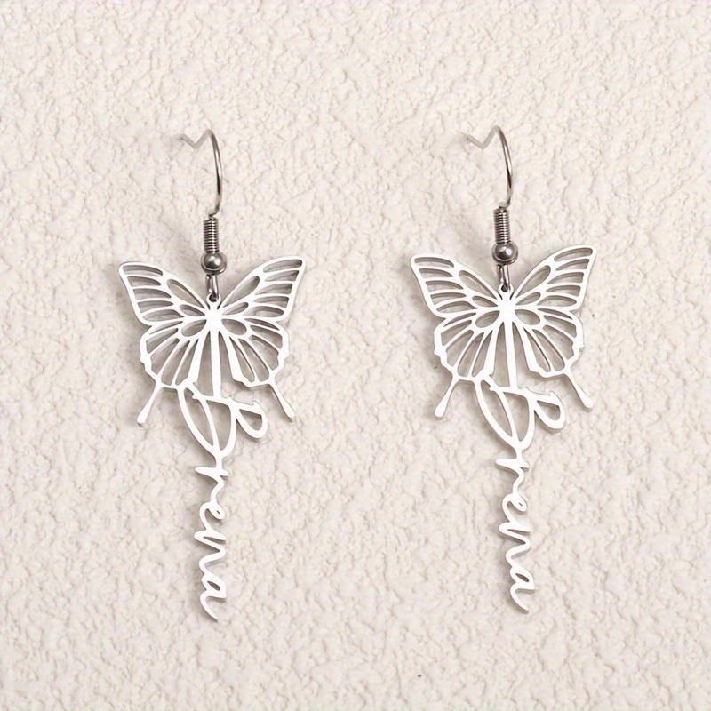 

Customized Dangle Earrings Made Of 304l Stainless Steel Trendy Butterfly Design Just Send Us The Names, And U'll Get Your Personalized Jewelry (within 30 Characters)