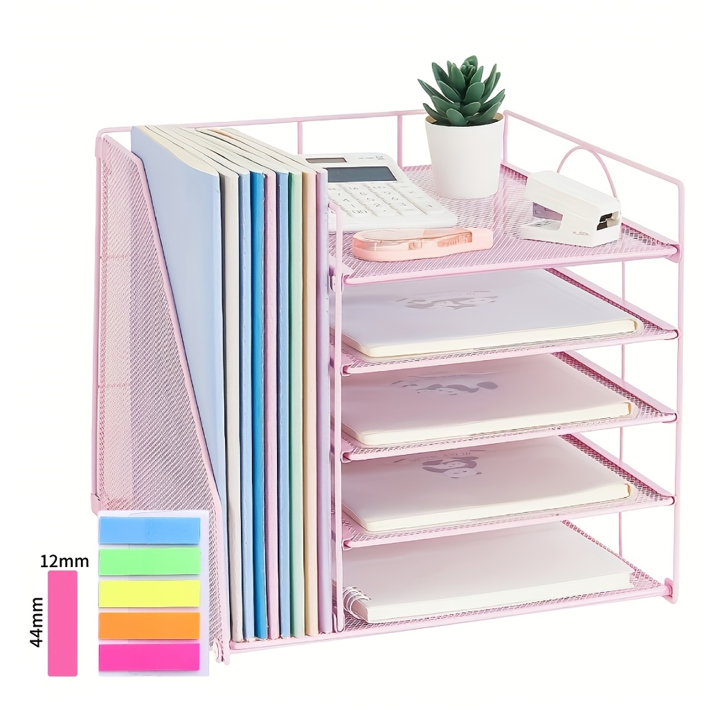 TEMU Organisateur à papier à 5 niveaux, étagère de bureau pour documents avec rangement compartimenté, de poignée, structure robuste, antirouille et