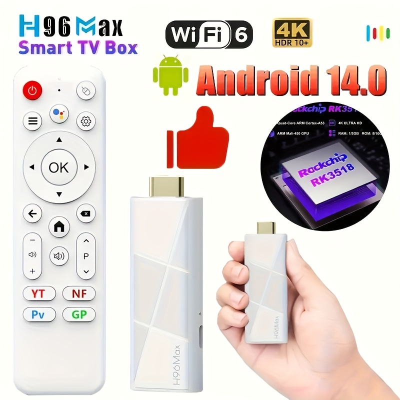 Dispositivo H96 Max RK3518 Android 14.0 TV Stick - Streaming 4K@60fps, WiFi 6/sin varillas 5.4, Control Remoto por Voz, Reproductor Multimedia con USB para Smart TV, HDTV, Dispositivo Compacto para Netflix, YouTube y Juegos - Compatible con TVs/Monitores/Proyectores, Entretenimiento en Casa, Diseño Moderno, Electrónica de Alto Rendimiento