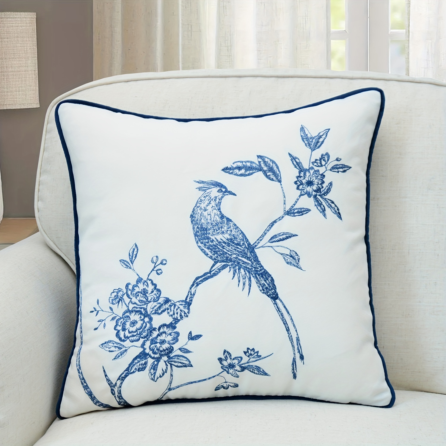 

1pc Traditional Porcelain Floral Bird Embroidered Throw Pillow Cover, 17.7x17.7in - Home Decor For All , Zip Closure, Machine Washable, Indoor Decor, Traditional Style Style