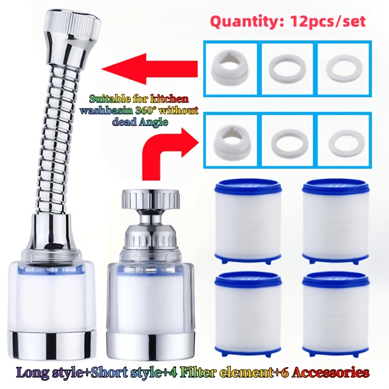 TEMU 12pcs/set Sink Faucet Filter (long Style+short Style+4 Filter +6 Accessories) Splash Proof, 360° Rotating Faucet Extender, Suitable For Kitchen