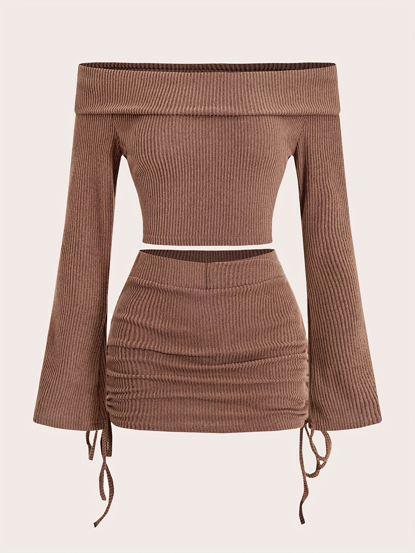 [Elegant Brown Set] Two-Piece Women's Elegant Brown Set | Off-Shoulder Crop Top & Tie-Waist Skirt - Polyester/Elastane Blend, Machine Washable