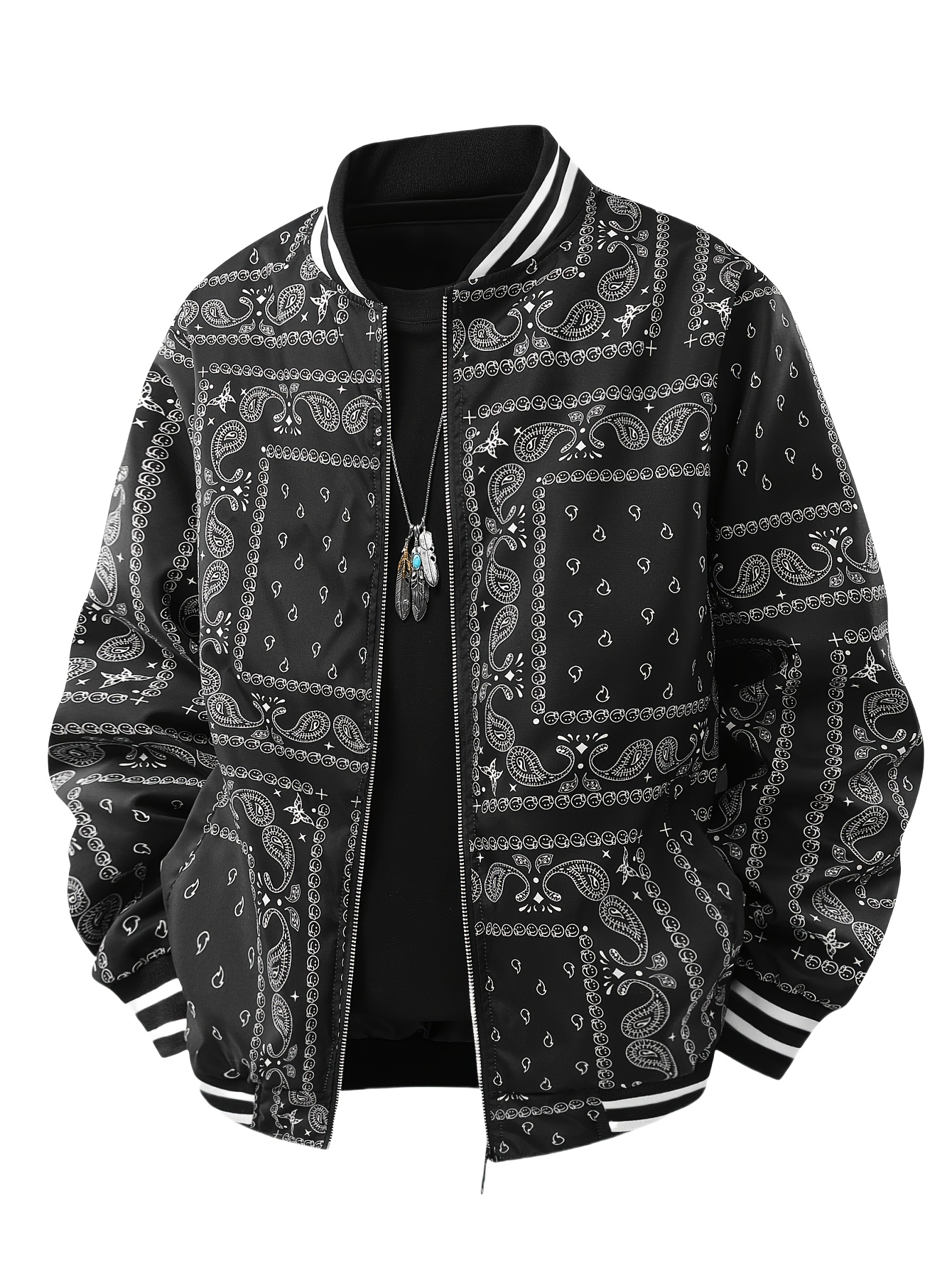mens navy blue baseball jacket with white golden embroidery casual zip up bomber with pockets long sleeves and stand collar for casual attire everyday bomber embroidered bomber polyester lining 0