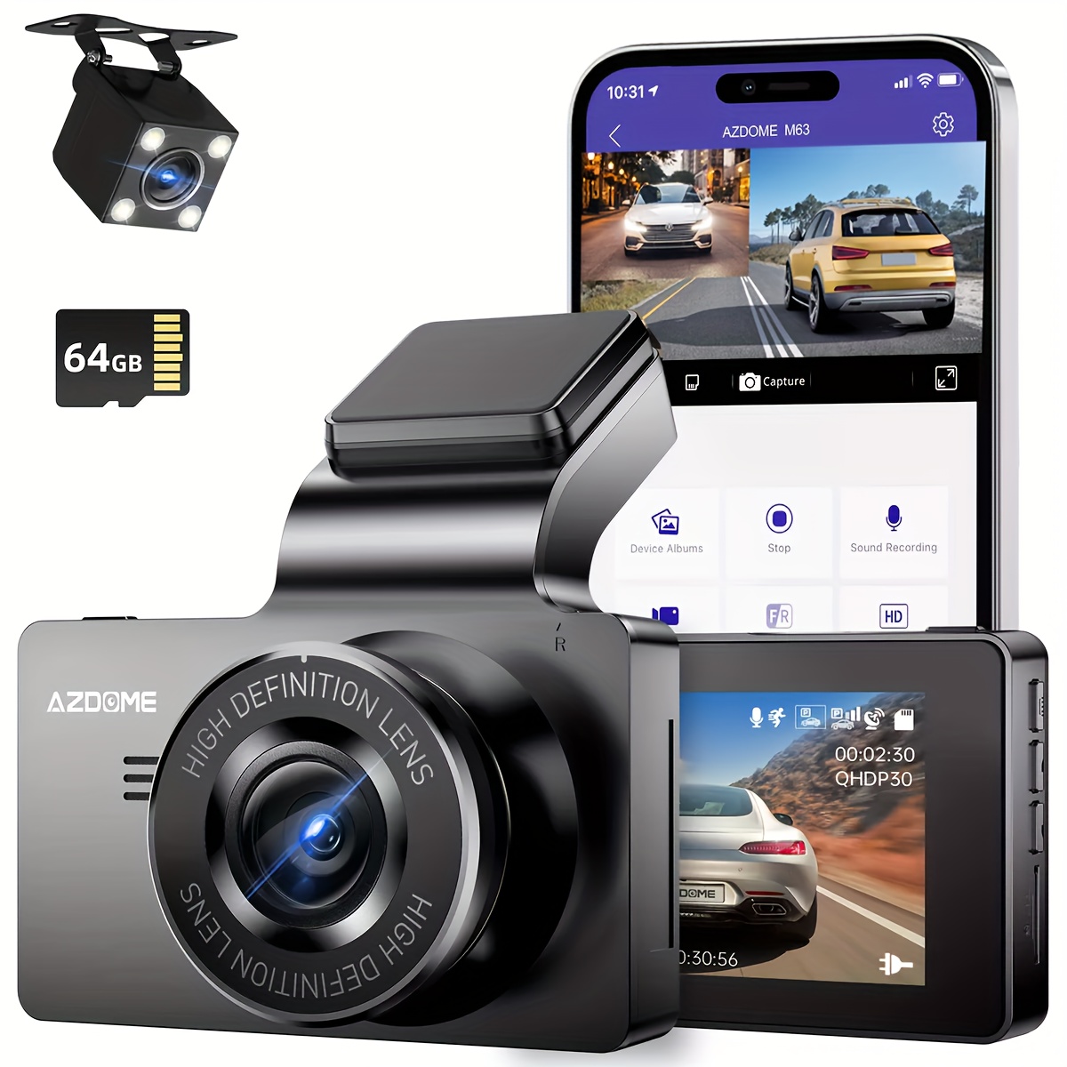 TEMU Azdome 1080p Dual Dash Cam, 3 Inch Ips Screen, Front And Rear Car Camera, 64gb Card, Night Vision, 170° Wide Angle Dash Cam, Build-in Wifi, ,