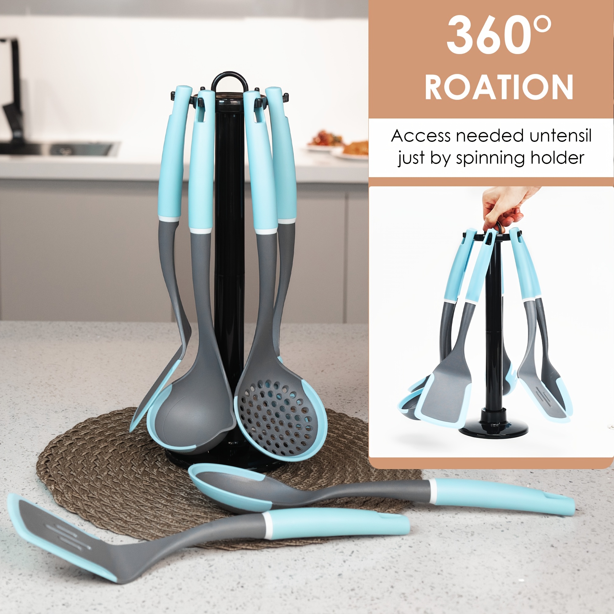 

6pcs Silicone Kitchen Utensil Set With Rotating Holder, , Heat-resistant, Includes Spatula, Slotted & Solid Spoons, Pasta - Cooking & Baking, Accessories