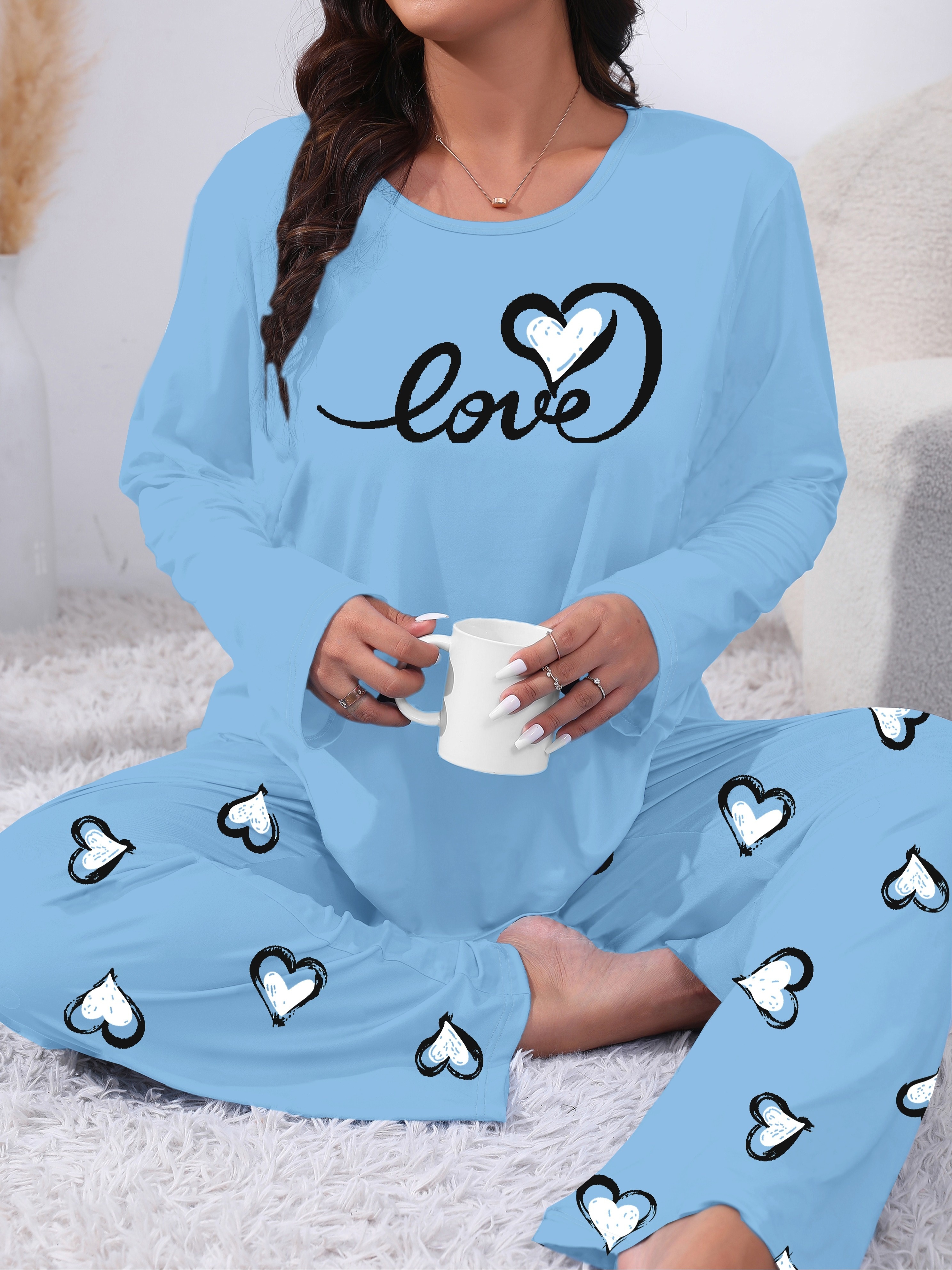 Plus Size Casual Knit Pajama Sets for Women Print Long Sleeve Top and  Pants Lounge Sleepwear, Polyester 95% Elastane 5% Stretch, Fall Season  Fit