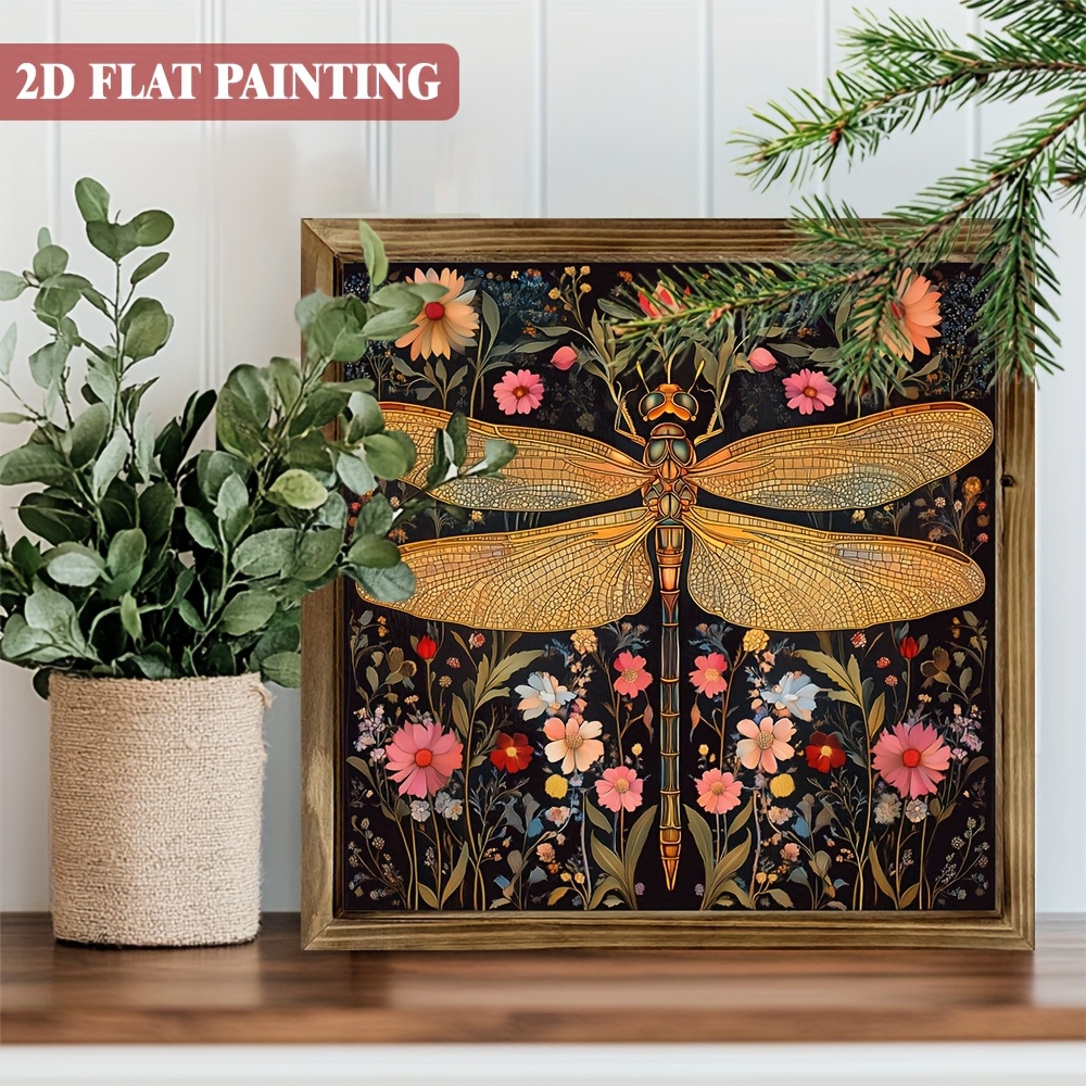 TEMU 2d Flat - A Vintage-style Wooden Art Sign Featuring A Dragonfly And Wildflowers, Measuring 8x8 Inches. This Framed Decorative Piece Is Perfect