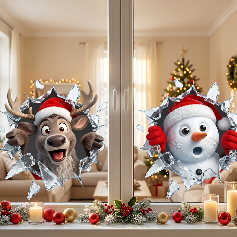 TEMU 2er-Set 2D Flache Weihnachts-Fensteraufkleber mit gebrochenem Fenster, lustige Rentier-Schneemann mit Weihnachtsmannhut, Fensteraufkleber mit