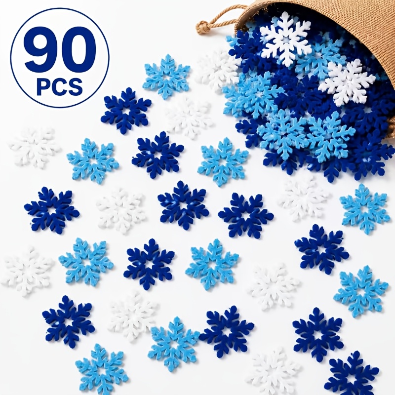 TEMU 90pcs Felt Snowflake Pieces Decoration, Blue White 3-color Snowflake Ornaments, Christmas Scene Arrangement Additions, Suitable For Christmas