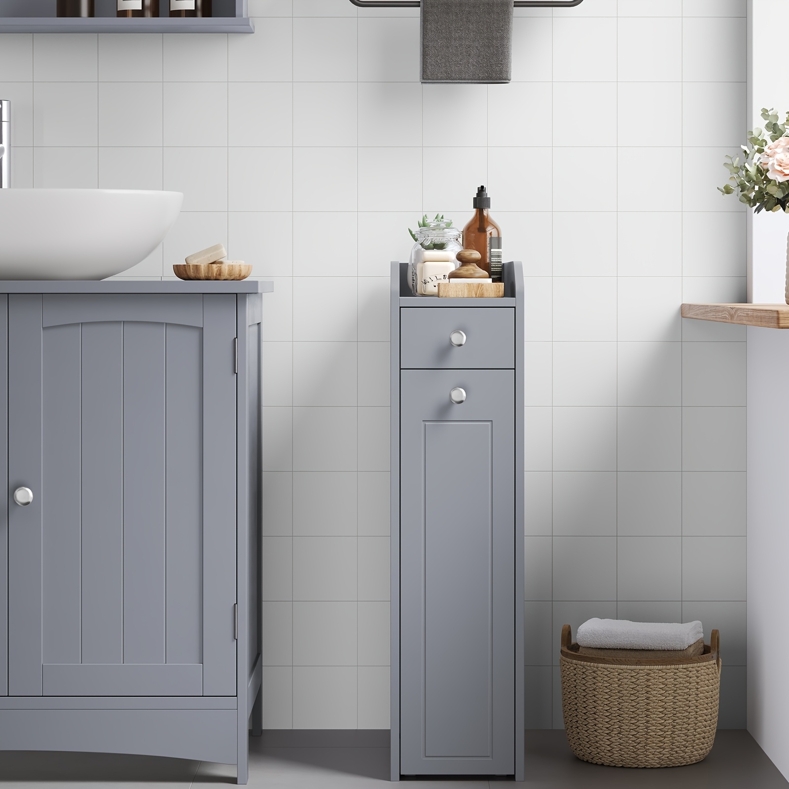 E-shop Kompakter Badezimmer-Schrank, schmaler Badezimmer-Organizer, freistehender Toilettenpapierhalter mit Auszieh-Schubladen, ideal für kleine Räume