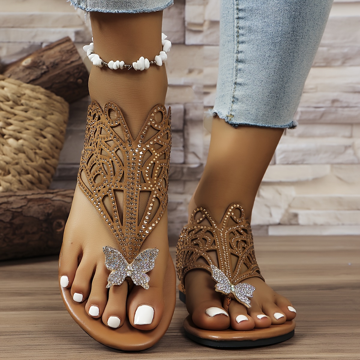 women s rhinestone butterfly decor slide sandals casual clip details 9