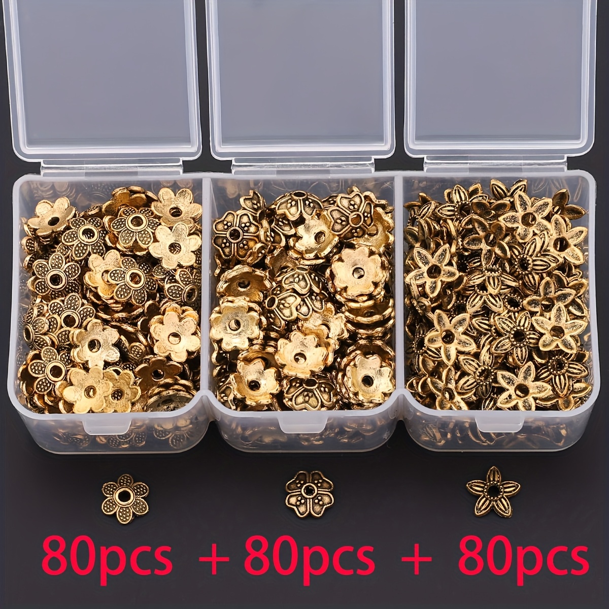 TEMU 240pcs/Boîte 3 Styles de Bouchons d'extrémité de support de fleur dorée rétro, Bouchons de perles de chapeau de fleur, Cadre de perles, Bouchons