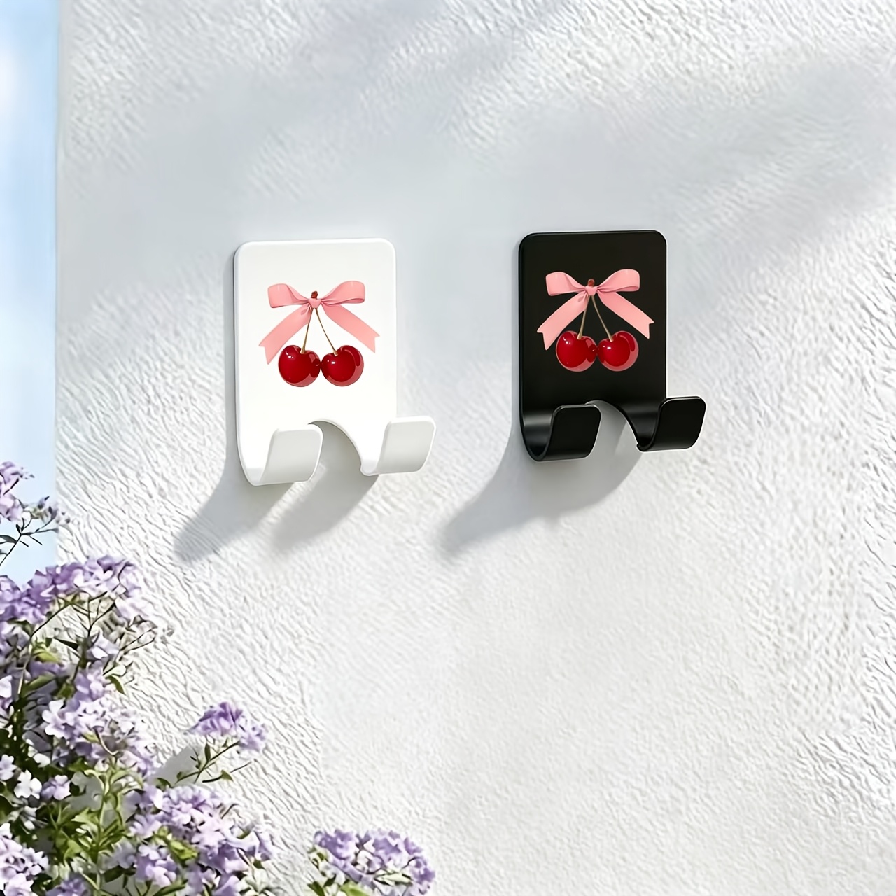 TEMU 2pcs Black And White Hook Set, 2pcs Cherry-shaped Damage-free Hooks, No Drilling Required, Razor Hooks - Wall-mounted Shelf, Suitable For
