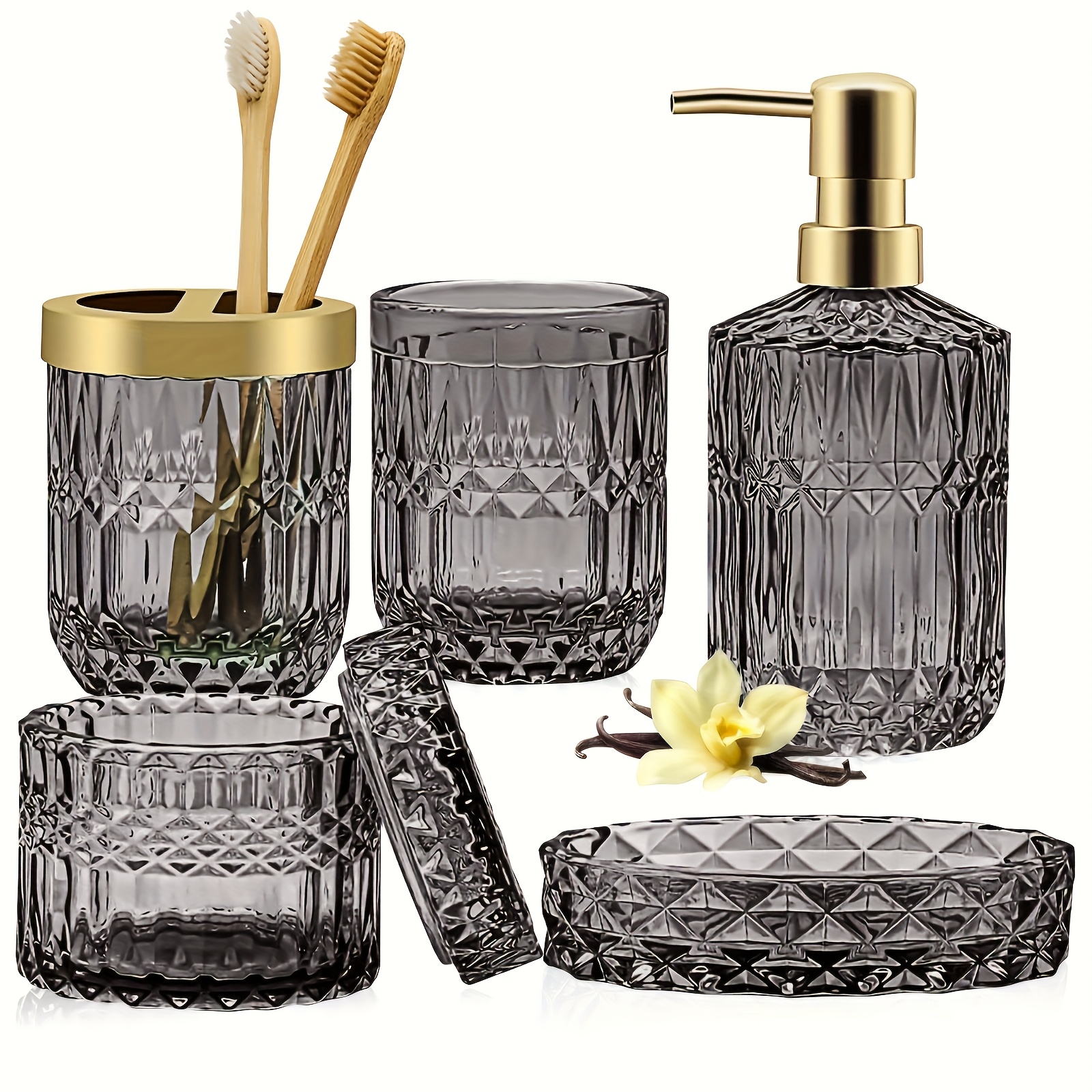 TEMU 5pcs Glass Bathroom & Set With Clear Soap Dispenser, Toothbrush Holder, 4 Toothbrushes & Swabs - Elegant Glass Containers Suitable For, Spa,