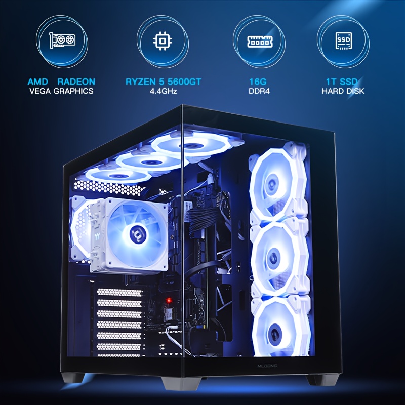 Game PC Desktop with AMD R5 5600GT 3.6Hz CPU, 1TB NVME SSD, 16GB DDR4 RAM, AMD Radeon Vega 7 GPU, 7RGB Fan, 550W PSU, Home Gaming & Office PC