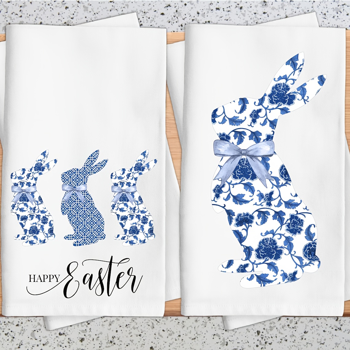 

2-pack Rustic Chinoiserie Bunny Kitchen Towels, Microfiber Tea Towels, Machine Washable, 380gsm Woven Cartoon Easter Decor, Blue And White Geometric Pattern, Holiday Themed, Wash Cloths