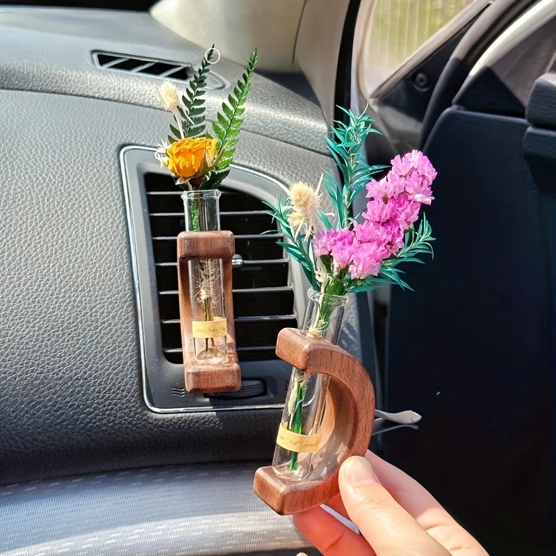 

Wooden Car Air Vent Clip-on Flower Vase, Dashboard Hydroponic Vase Car Decoration, Solid Wood Display Accessory Gift Set With Empty Vials (flowers Not Included)