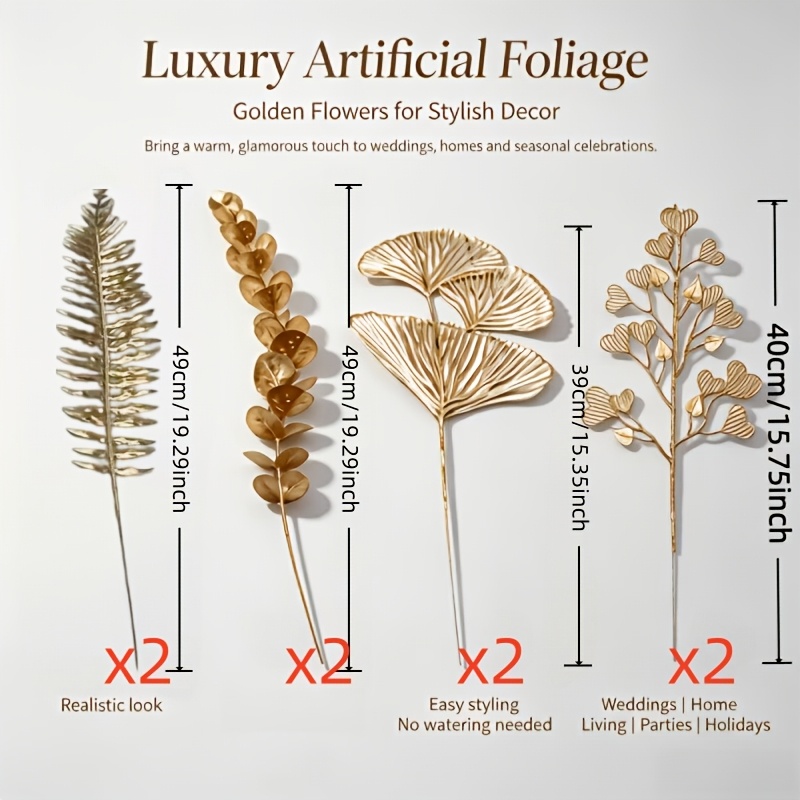 TEMU Lot de 8 pièces de simulées mélangées, feuilles d'eucalyptus, feuilles de ginkgo, feuilles de cœur, feuilles persanes - Bouquet combiné