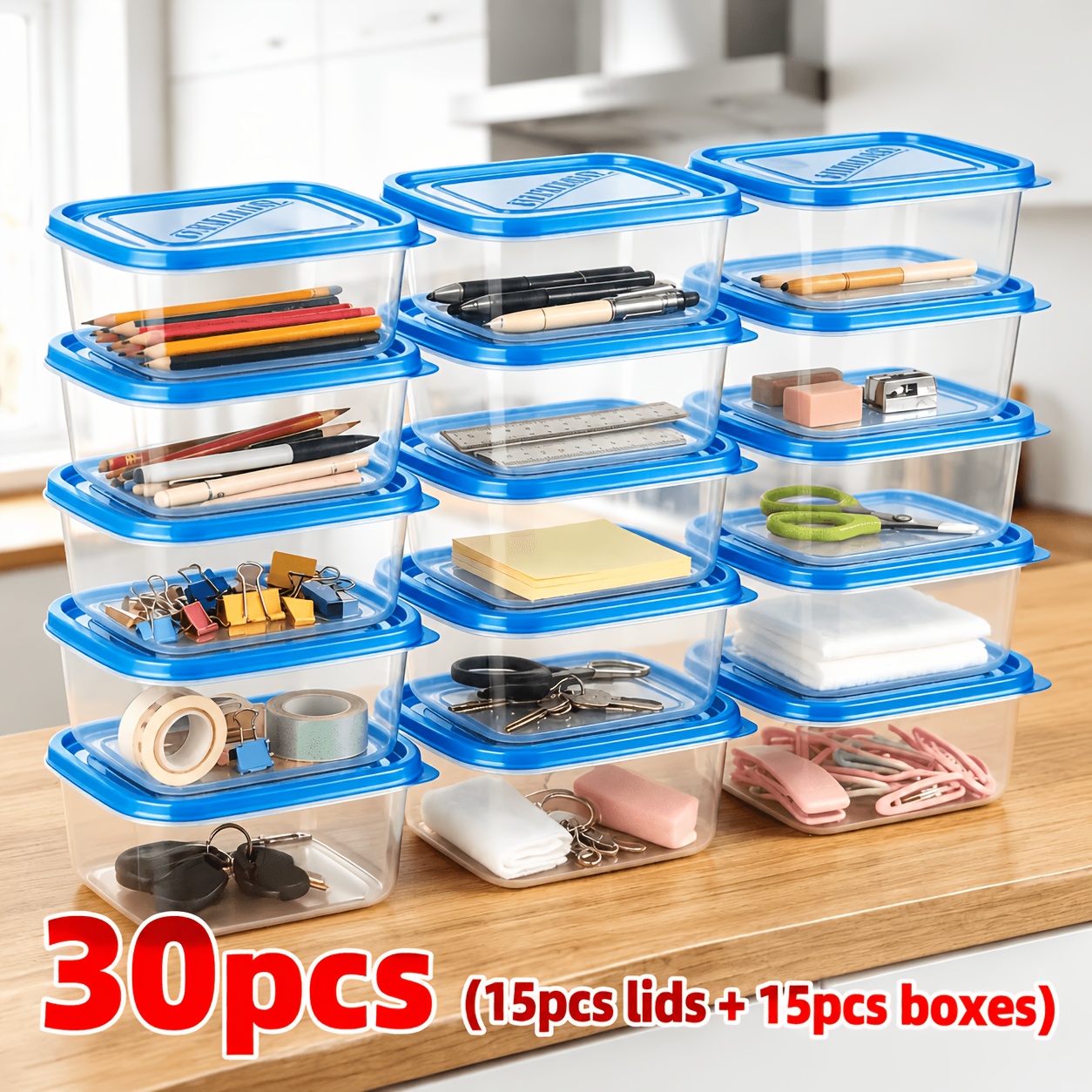 TEMU 30pcs Large Capacity Blue Storage Boxes (includes 15pcs Lids And 15pcs Boxes), Large Capacity Food Storage Container, Transparent Storage Boxes