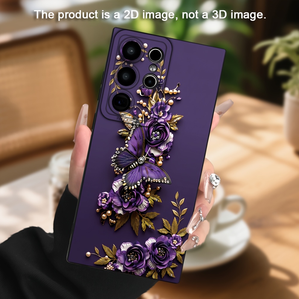 TEMU Phone Case: 2d Printed Purple Luxury And Rose With Beaded Leaf Ornament Illustration Pattern Phone Case, Suitable For Galaxy S26 S25 S24 S23