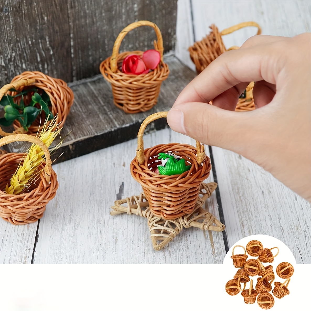

Set Of 5 Charming Mini Rattan Baskets - Perfect For Home Decor & Photo Props, Handwoven Plastic/rattan Design