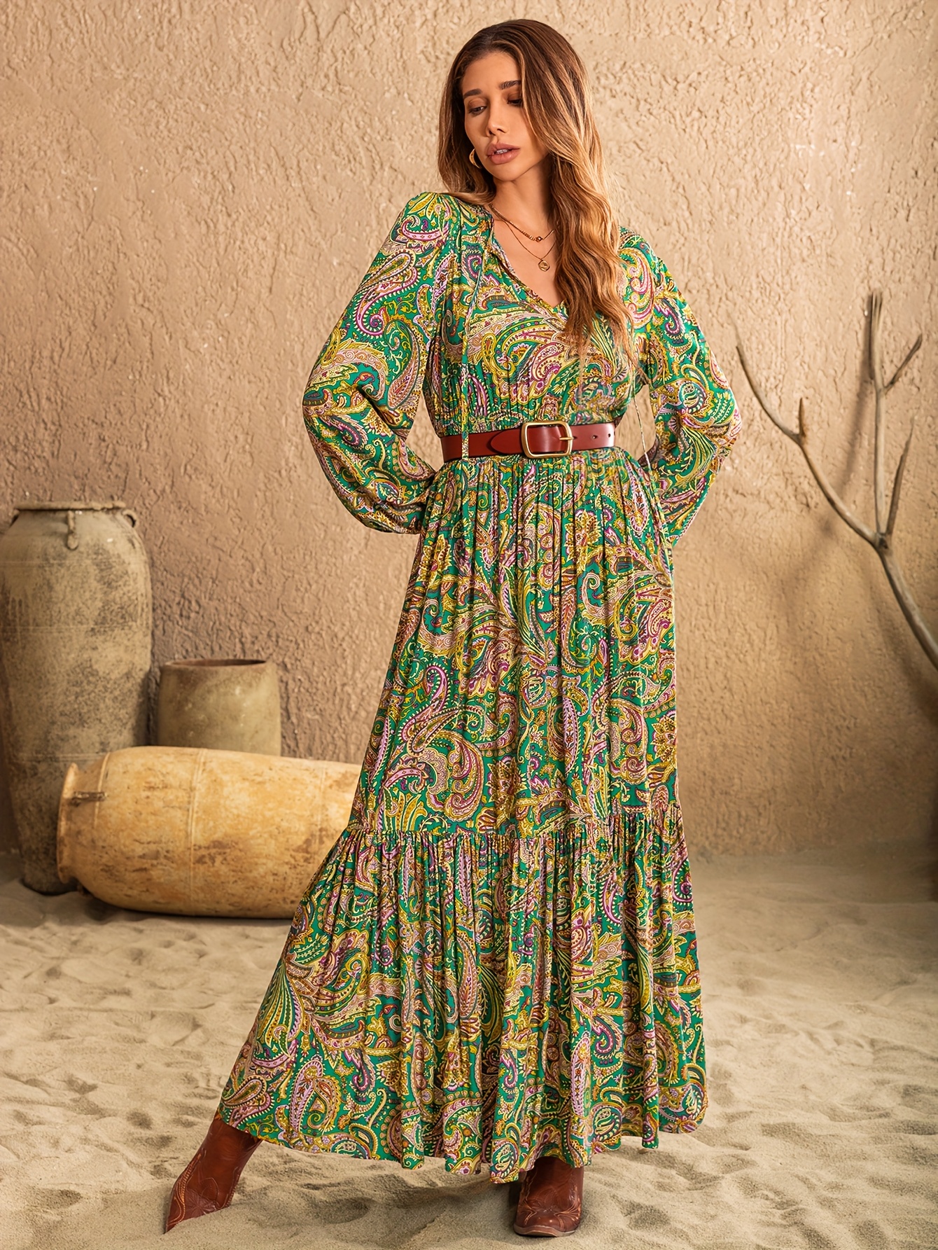 Party Full Sleeve Maxi Sleeve Maxi Dresses Long Sleeve Flowy Formal Dresses  Bohemian Maxi Dress V
