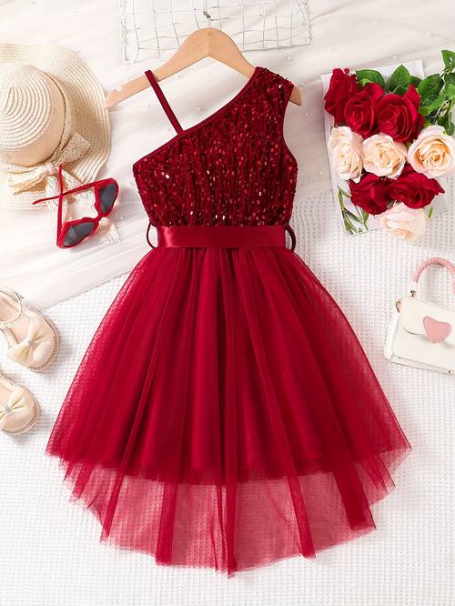 item picture valentines day girls mesh sequin sleeveless one shoulder dress suitable for and parties
